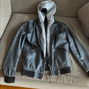 Leather jacket with attached hoodie